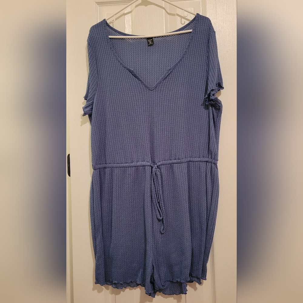 Blue Textured Short Sleeve Romper